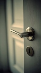Steel door handle with keyhole on wooden door in soft lighting