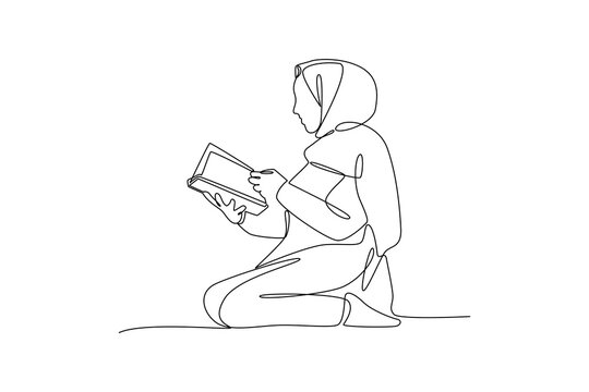 Reading Quran Kneeling. Activity in Ramdhan Concept. Single line draw design. Vector graphic illustration