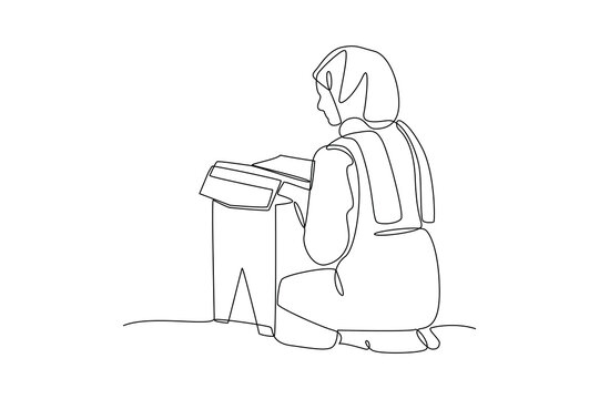 Reading Quran On Stand. Activity in Ramdhan Concept. Single line draw design. Vector graphic illustration