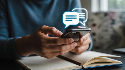 Person texting on smartphone with chat bubbles icon, online communication concept