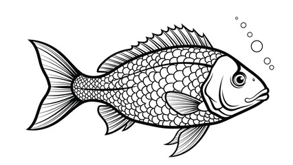 Fototapeta premium Realistic line art illustration of a fish swimming underwater with air bubbles against a white background for coloring.
