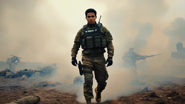 Military Special Forces Soldier Advances Through Smoke-Filled Battlefield, Intense Combat Training Exercise.