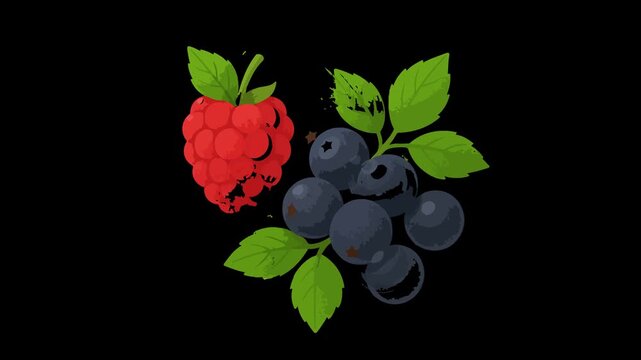 Red Raspberry and Blueberries with Green Leaves fruit