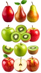 A collection of sliced and whole fruits on a white background