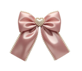 Elegant Pink Satin Bow Adorned with Pearl Heart Centerpiece and Delicate Pearl Trim, Perfect for Fashion Accessories, Gift Wrapping, or Craft Projects, Isolated on a Clean White Background.