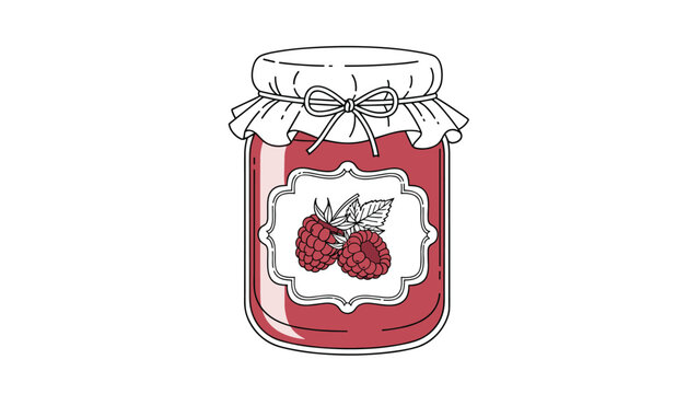 Charming illustration of a glass jar filled with red raspberry jam featuring a decorative label and a tied paper lid.