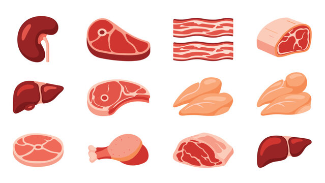 Collection of various raw meat cuts and offal including steak, bacon, chicken breast, kidney, liver, and drumstick flat icons.