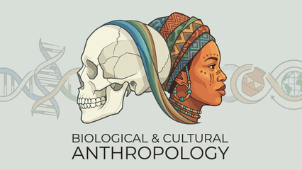 Biological and Cultural Anthropology Illustration with Human Skull DNA Helix and Traditional African Woman Profile Vector © Tharusha