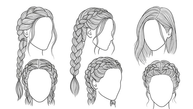 Series of delicate line art drawings showing several intricate braided hair arrangements for women from various angles and styles.
