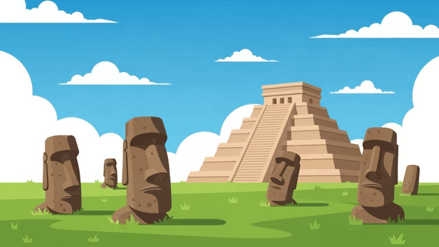 Mysterious Ancient Ruins Illustration &ndash; Mayan Pyramid with Moai Statues Under Blue Sky Vector Cartoon Art