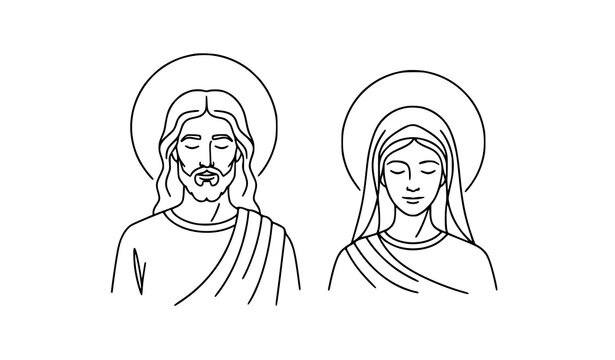 Jesus Christ and Virgin Mary Linear Vector Illustration with Halo Isolated on Transparent Background