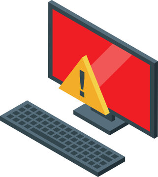 Desktop computer displaying warning alert on red screen, isometric view, emphasizing online security and system errors