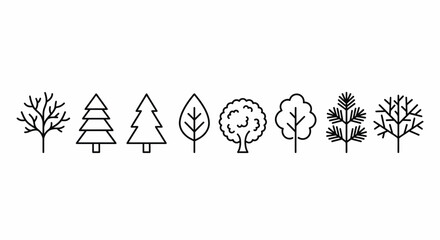 Outline Tree Silhouette Icons Set – Pine Oak Round Bushy and Branchy Trees Line Art Vector Collection