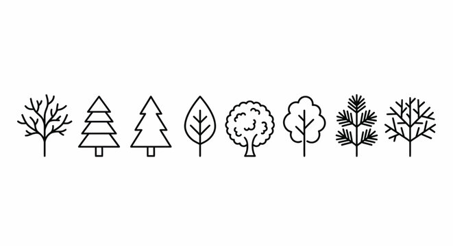 Outline Tree Silhouette Icons Set &ndash; Pine Oak Round Bushy and Branchy Trees Line Art Vector Collection