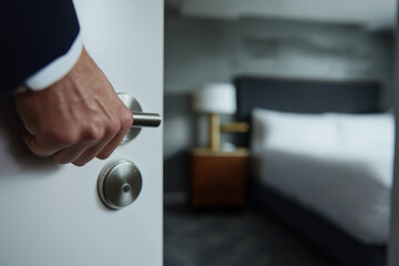 Hand opens hotel door, revealing blurred bedroom interior beyond