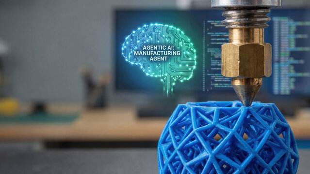 Agentic ai visual concept tool use coding 3d printer nozzle printing geometric sphere prototype desktop workshop futuristic innovation