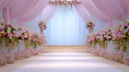 A long pink and white aisle with flowers and a white archway