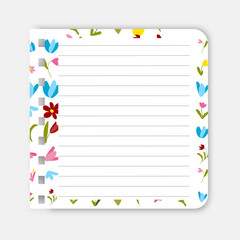 Torn lined notebook paper page with a vibrant spring floral border. The piece of Paper Creative stationery template for to-do lists, notes, spring greetings, and seasonal planners