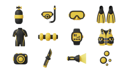 Collection of 3d rendering icon set for scuba diving equipment, including safety and exploration gear, and underwater adventure tools