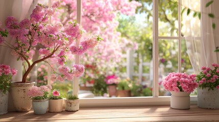 A window with a view of a garden with pink flowers and a tree