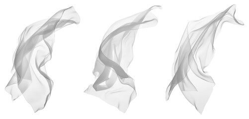 Three Flowing Translucent White Fabric Elements Against a White Background, Showcasing Ethereal Movement and Soft Drapery for Abstract Design and Elegant Visuals.