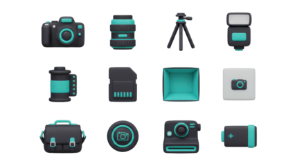 Collection of camera equipment 3d rendering icon set on a clean white background viewed from directly above