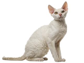 Elegant white devon rex cat sitting alone with curious expression looking up against blank backdrop showing soft curly fur texture and alert ears on isolated background