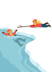 Ice safety poster: A child rescues a friend who has fallen through the ice by extending a branch, without risking his own life. Following proper winter safety rules can save lives.