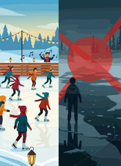 Ice safety poster. Skating is only allowed on the rink! Nature is not a place for play!