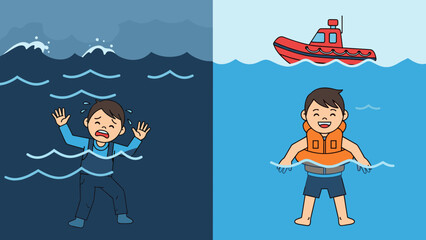 Water safety poster: on the left, a boy is drowning; on the right, he's smiling, saved by an orange life jacket. Putting on a life jacket saves a life, because it saves even in rough water.