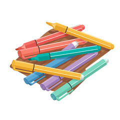 Colorful markers stacked in a random arrangement on wooden background  