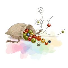 Multicolored beads and jewelry making wire spilling out of a burlap bag on an abstract watercolor background.
