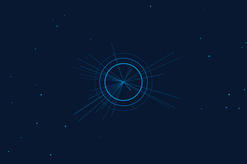 This image is a vector graphic of a glowing blue neon circle with lines on a dark background with stars