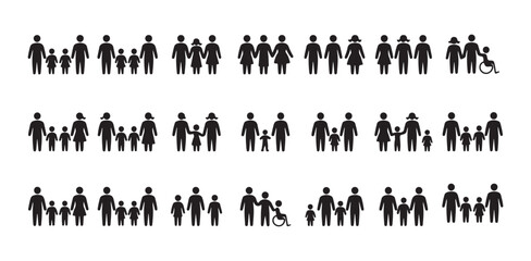 Naklejka premium Traditional and modern family structures depicted in uniform black vector stick figure graphics