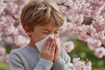 A boy is blowing his nose with a tissue