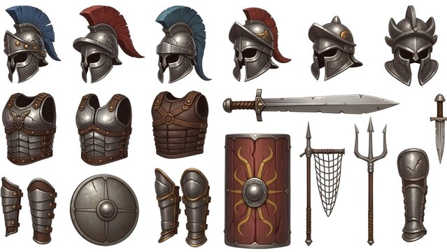 Collection of Ancient Roman Gladiator Armor and Weapons on White Background.