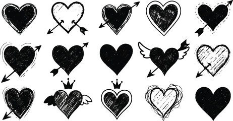 Black silhouettes of hearts pierced by arrows and various arrow designs