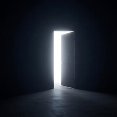 Light Shines from open door in dark room. Sun rays fiils the dark space. Dark room and bright white light in the doorway
