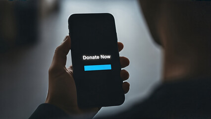 Hand holding smartphone displaying donation button with a blurred background, symbolizing the act of giving and supporting charitable causes through technology