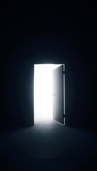 Light Shines from open door in dark room. Sun rays fiils the dark space. Dark room and bright white light in the doorway