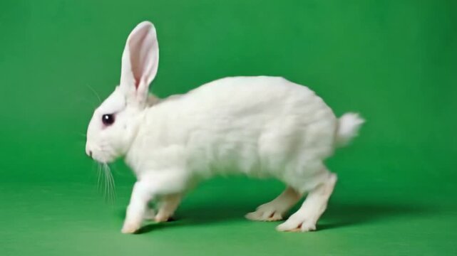 Adorable white domestic rabbit hopping across a bright green screen studio background
