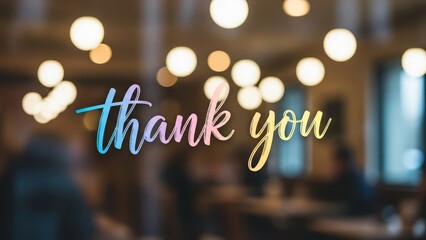 Multicolored 'thank you' text overlay on blurred restaurant background with warm lighting