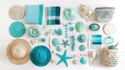 Tropical beach accessories artistically arranged, featuring starfish and seashells on sand.
