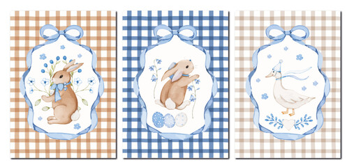 EASTER NURSERY PRINT SET WITH BUNNY AND GOOSE ILLUSTRATIONS ON TARTAN GINGHAM BACKGROUND © StudioCreaczyk