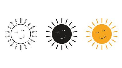 A set of three smiling sun icons in different colors and styles