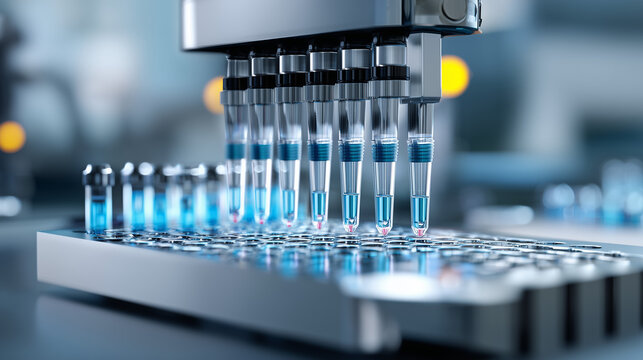 Automated liquid handling system dispensing samples in a modern biotechnology laboratory