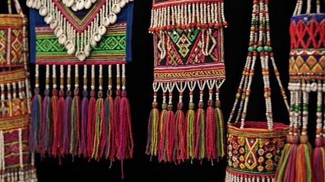 Handmade traditional textile art featuring intricate beadwork and colorful tassels, displayed against a dark background.