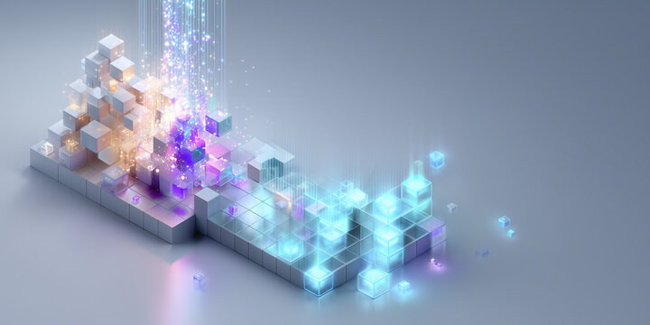 Abstract glowing digital cubes arranged in a geometric grid representing blockchain and big data concept in 3d rendering