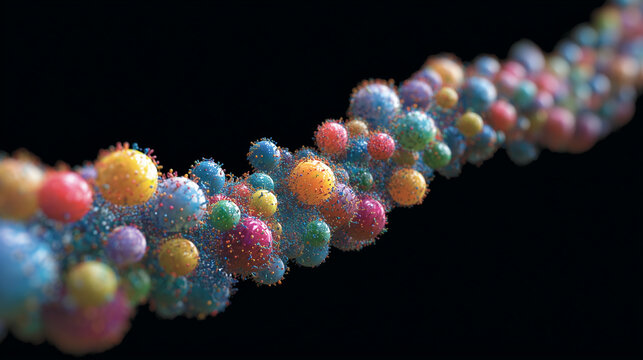 Abstract 3d rendering of colorful spherical virus molecules or microscopic particles on a black background - Powered by Adobe