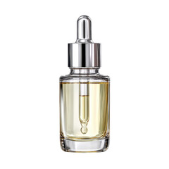 Naklejka premium A glass bottle of yellow liquid serum with a silver dropper lid on a black background